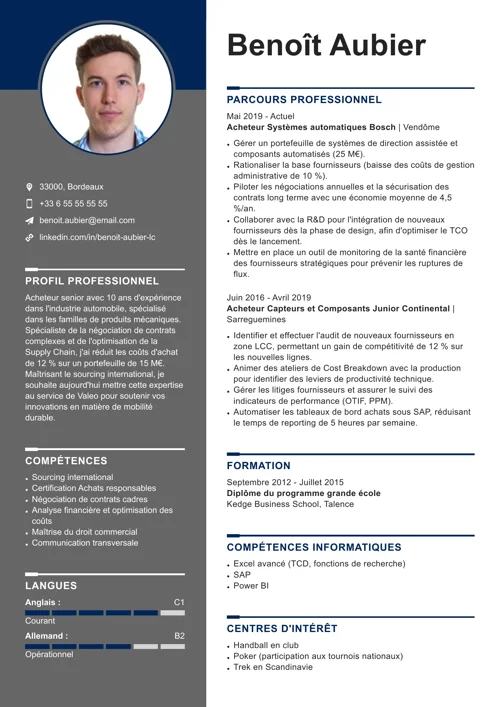 Exemple de CV d'acheteur avec photo, colonne latérale grise et éléments graphiques bleu foncé