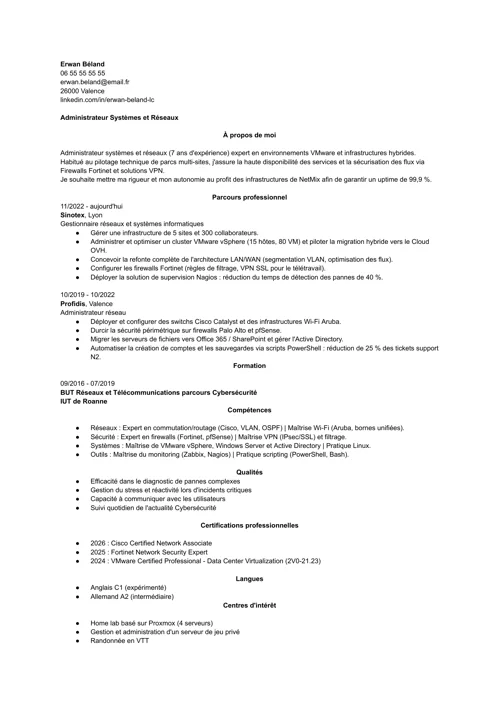 Exemple de CV d'administrateur de réseau sans photo, en noir et blanc