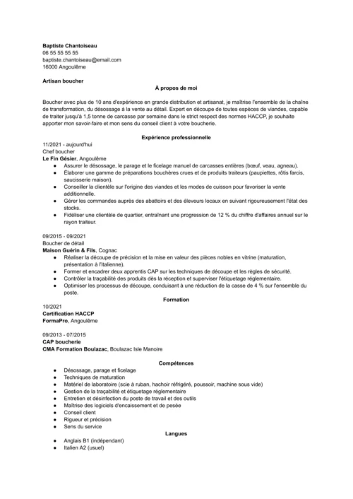 Exemple de CV de boucher sans photo, en noir et blanc