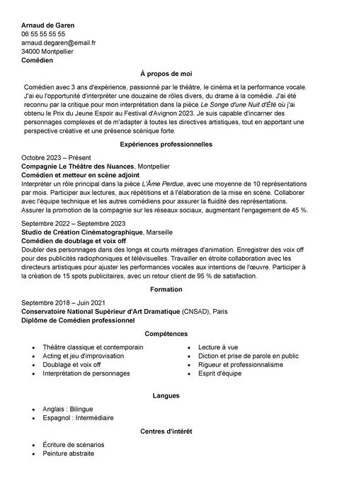 exemple de CV comedien commedienne