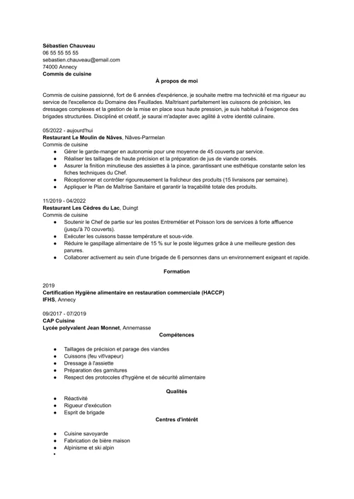 Exemple de CV de commis de cuisine sans photo, en noir et blanc