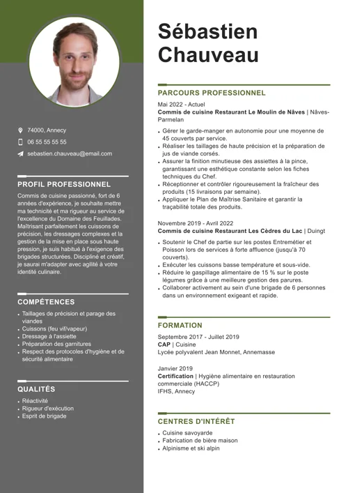 Exemple de CV de commis de cuisine avec photo, colonne latérale grise et éléments graphiques verts