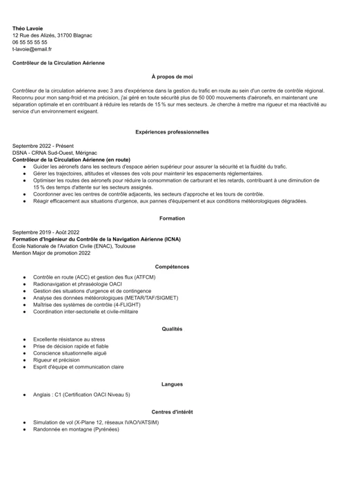 exemple de CV de contrôleur aérien