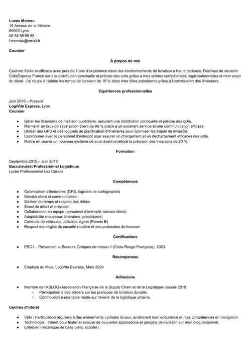 exemple cv coursier