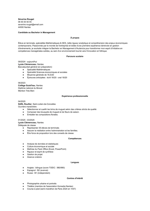 Exemple de CV pour une école de commerce sans photo, en noir et blanc