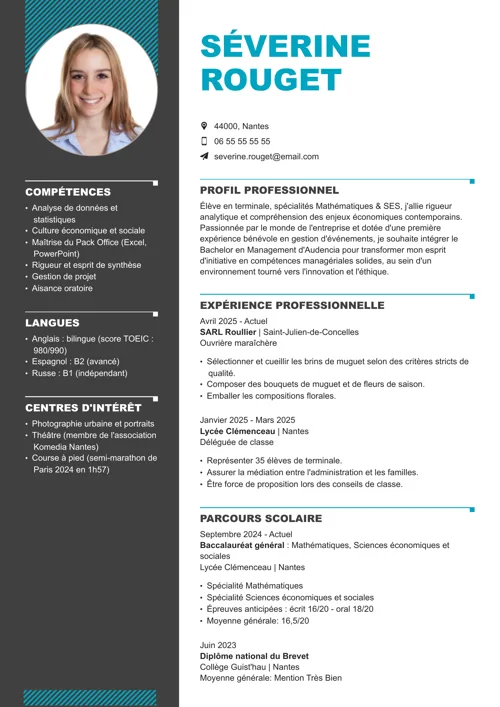 Exemple de CV pour une école de commerce avec photo, colonne latérale grise et éléments graphiques turquoise