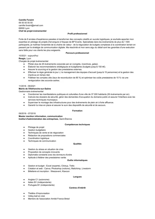Exemple de CV en événementiel sans photo, en noir et blanc