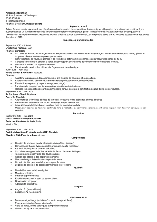cv fleuriste