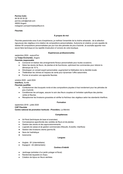 Exemple de CV de fleuriste sans photo, en noir et blanc