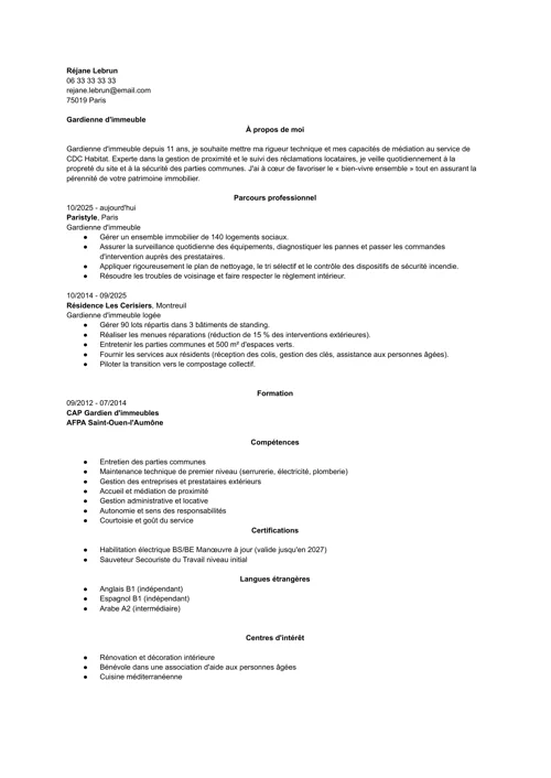 Exemple de CV de gardien d'immeuble sans photo, en noir et blanc