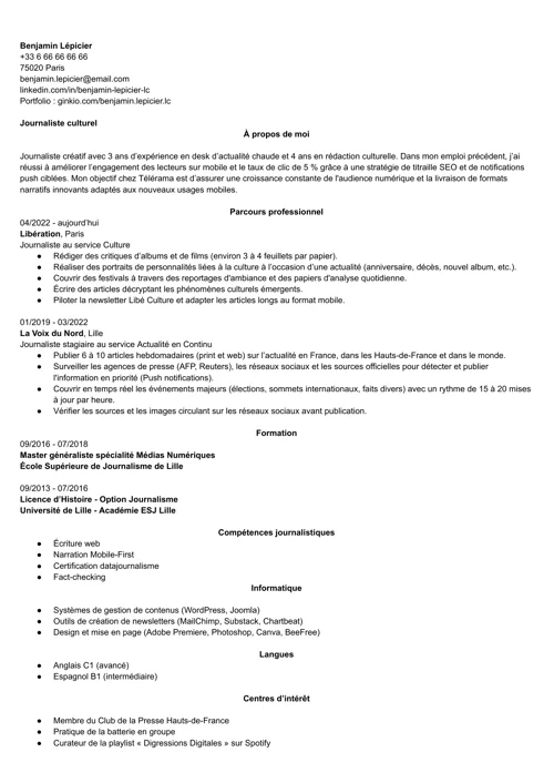 Exemple de CV de journaliste en noir et blanc, sans photo