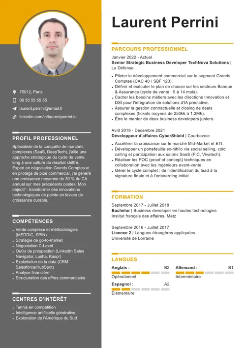 Exemple de CV LinkedIn avec photo, colonne latérale grise et éléments graphiques jaunes