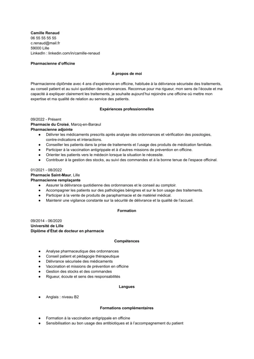 exemple de cv pharmacien