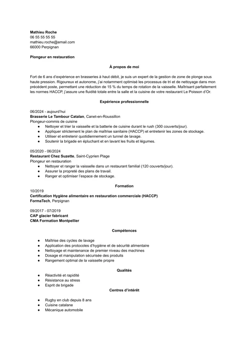 Exemple de CV de plongeur sans photo, en noir et blanc