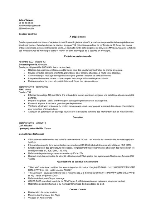 Exemple de CV de soudeur noir et blanc, sans photo