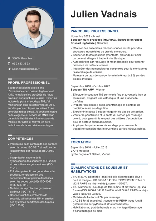 Exemple de CV de soudeur avec photo, comonne latérale grise et éléments graphiques bleus