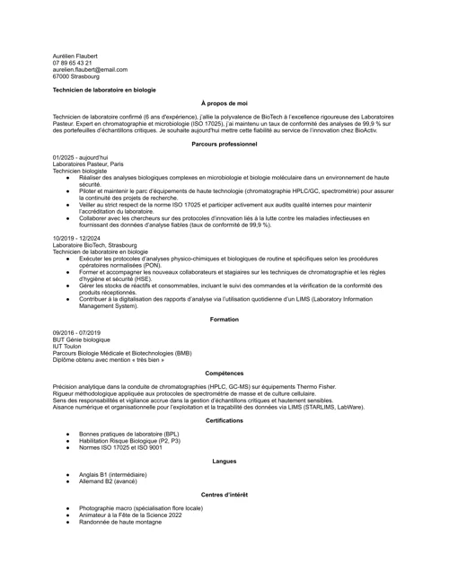 Exemple de CV de technicien de laboratoire