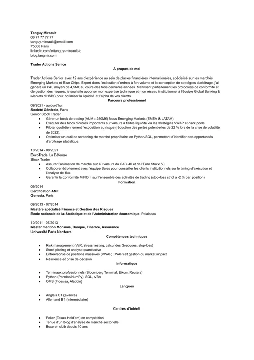 Exemple de CV de trader en noir et blanc, sans photo