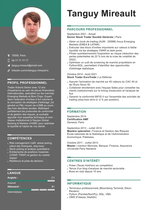 Exemple de CV de trader avec photo, colonne latérale grise et éléments graphiques verts 