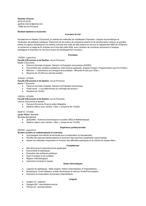 Exemple de CV universitaire en noir et blanc et sans photo