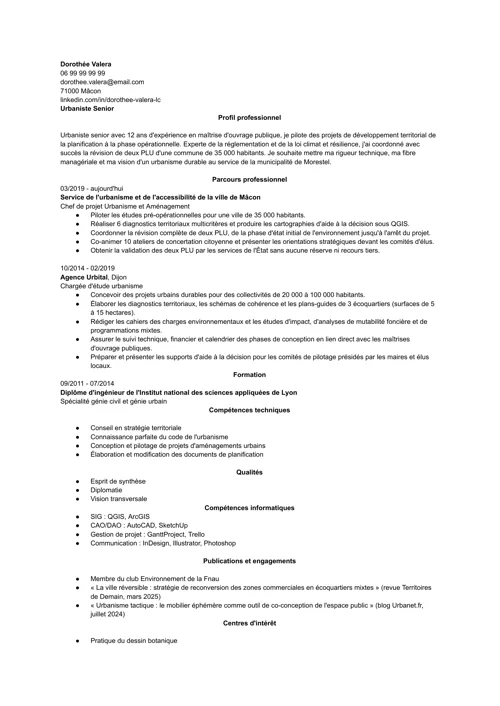 Exemple de CV d'urbaniste sans photo, en noir et blanc