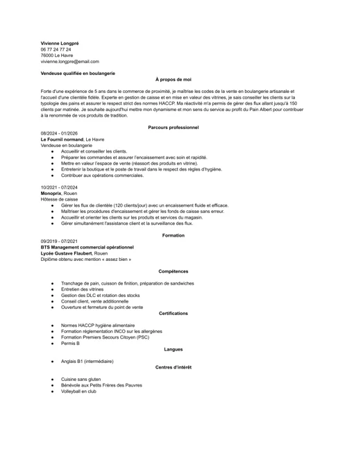 Exemple de CV de vendeuse en boulangerie-pâtisserie sans photo en noir et blanc