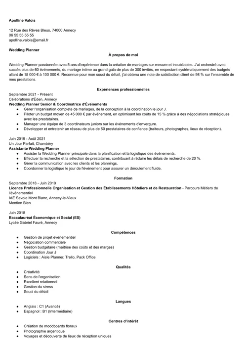 Exemple de CV de wedding planner
