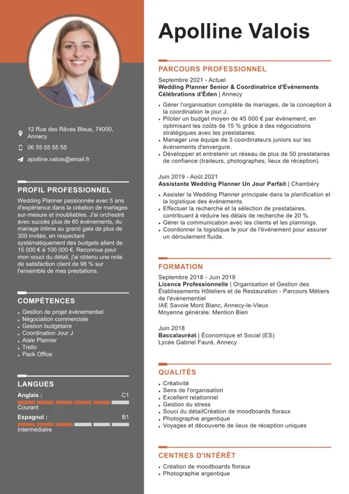 Exemple de CV de wedding planner