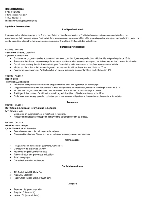 exemple de CV automaticien(ne)