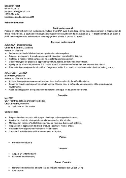 exemple de cv bâtiment