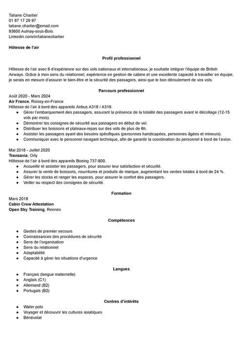 Exemple de CV pour une hôtesse de l’air