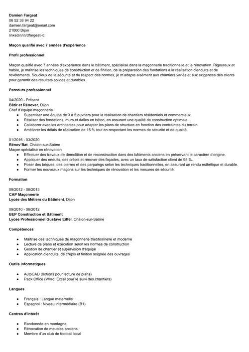 Exemple de CV maçon