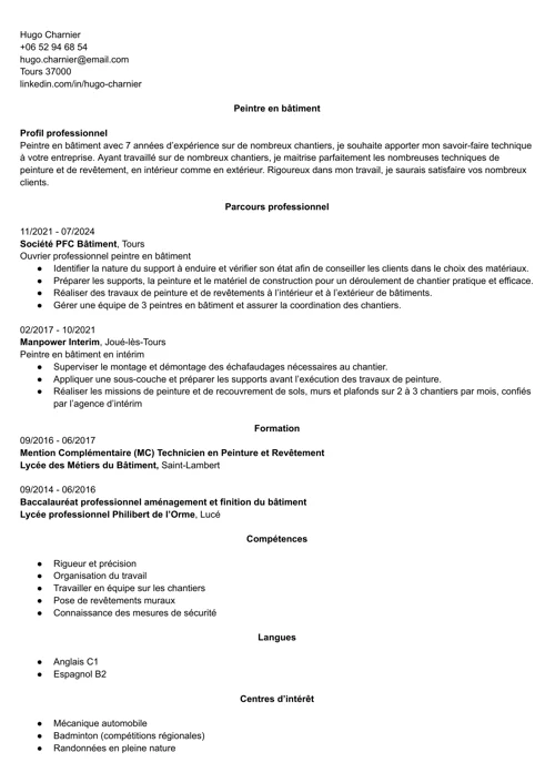 exemple de CV peintre en batiment