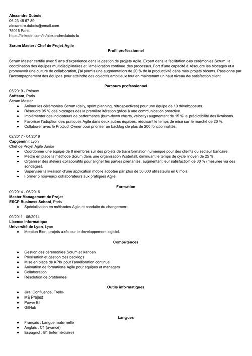 Exemple de CV Scrum Master