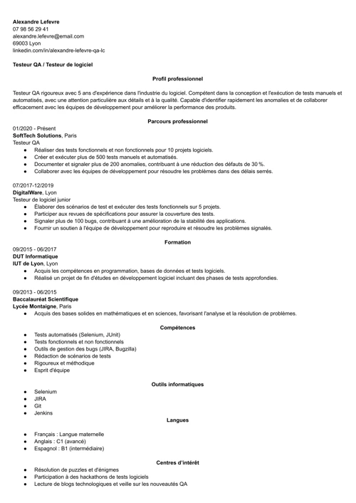 exemple de CV testeur(se) QA