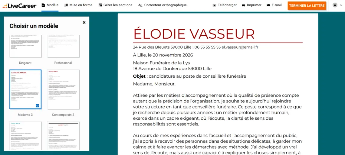Exemple de lettre de motivation conseiller funéraire