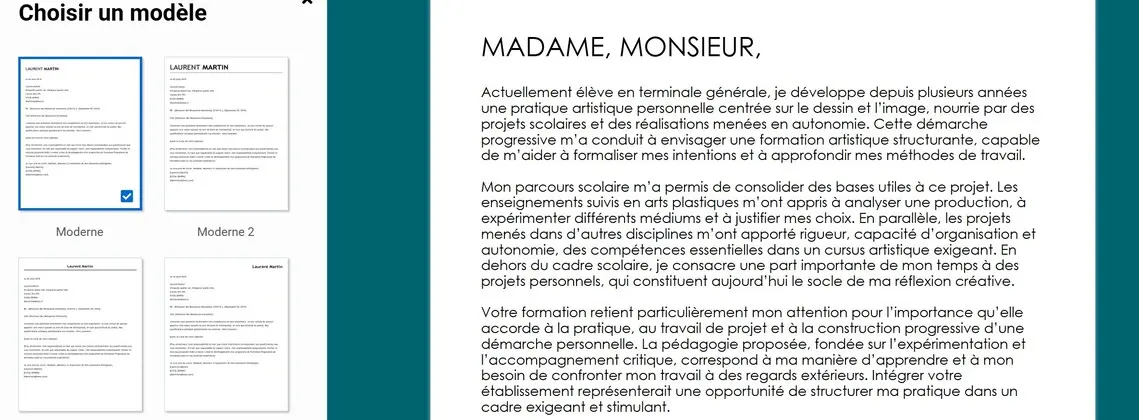 exemple de lettre de motivation école d'art Parcoursup