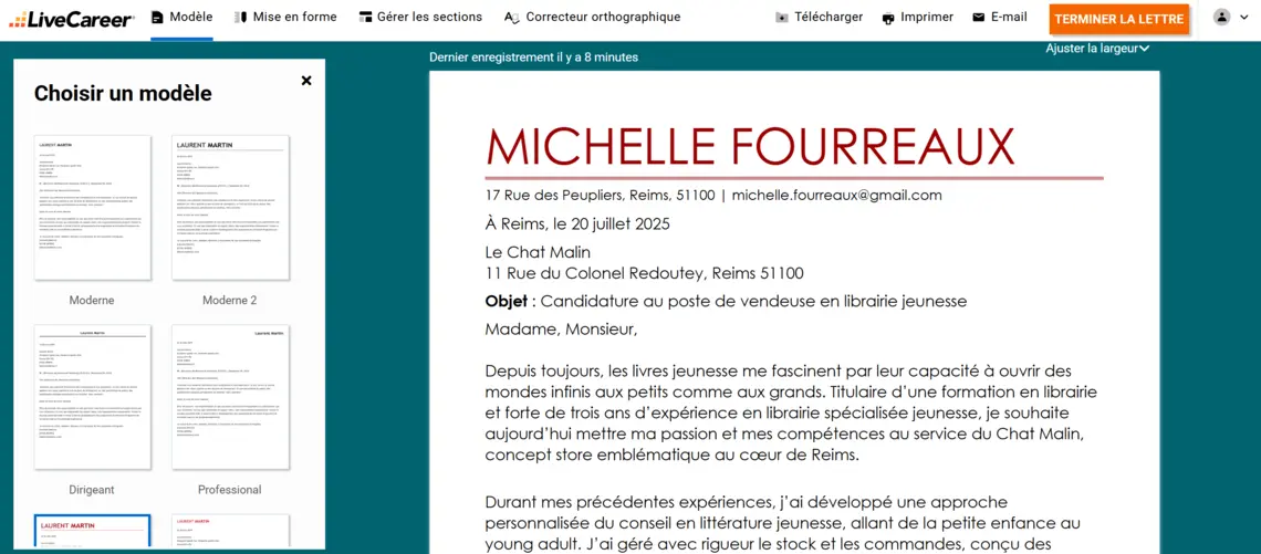exemple de lettre de motivation librairie