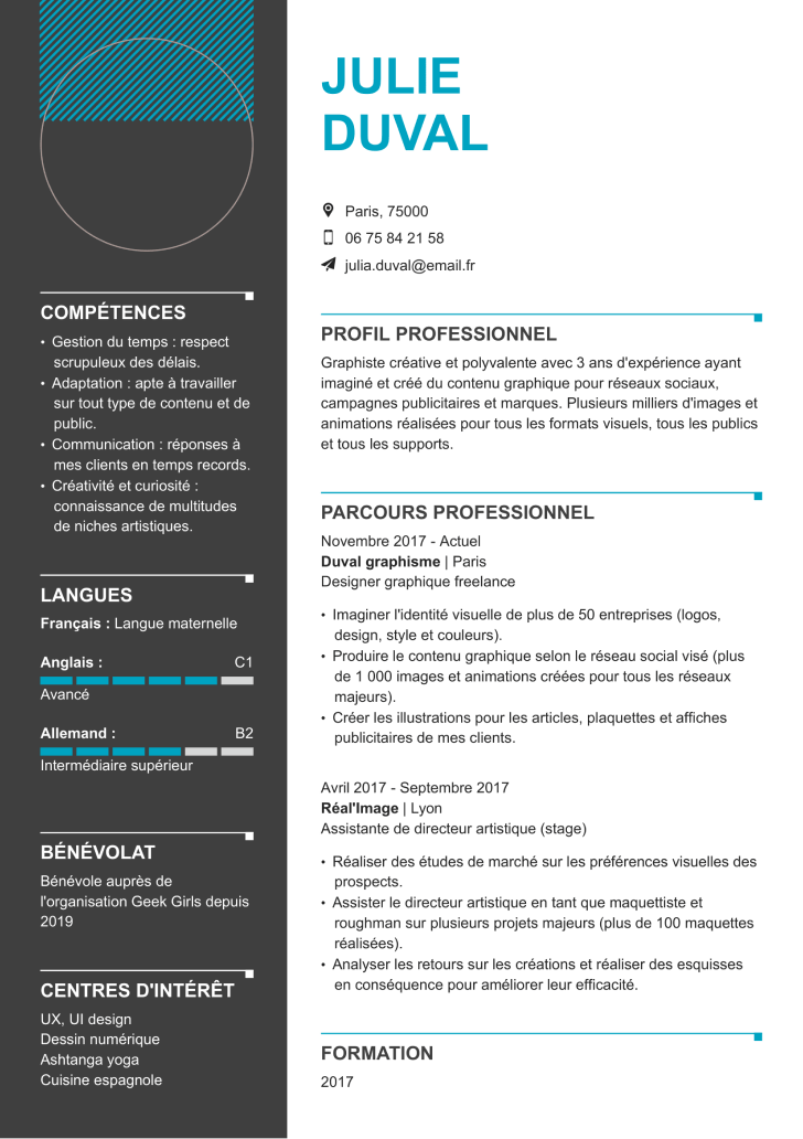 Modèle de CV original avec colonne sombre et formes graphiques