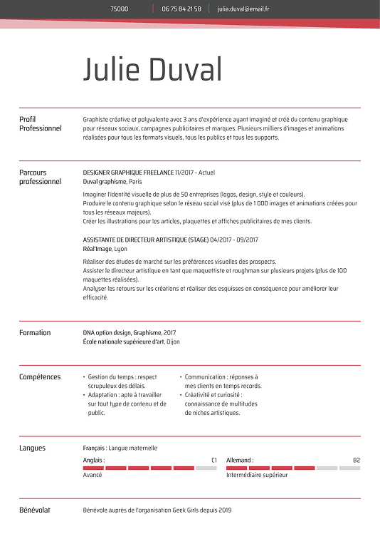 Modèle de CV original sobre avec fines lignes rouges