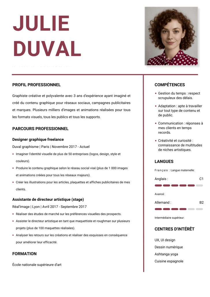 Modèle de CV original avec photo et titres bordeaux