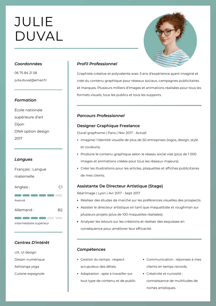 Modèle de CV moderne avec encadré vert et photo ronde