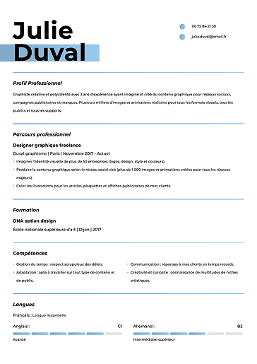 Modèle de CV moderne épuré avec titre noir et bleu