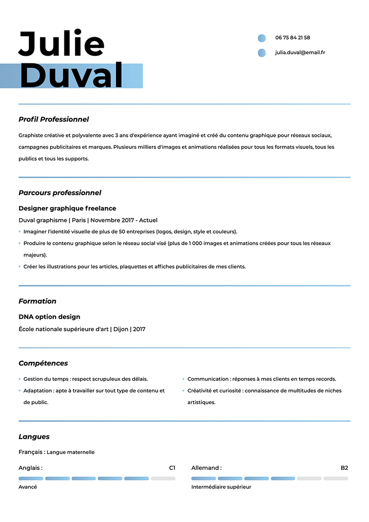 Modèle de CV moderne épuré avec titre noir et bleu