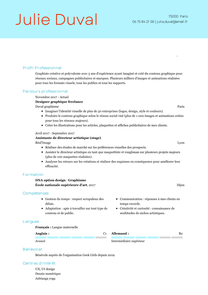 Modèle de CV moderne avec accents turquoise et mise en page aérée