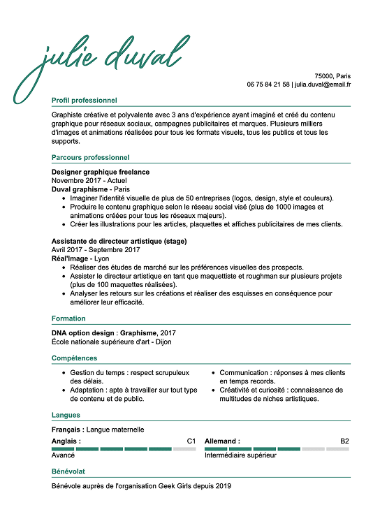 Modèle de CV moderne avec signature manuscrite en en-tête