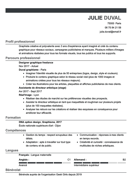 Modèle de CV simple minimaliste avec en-tête noir
