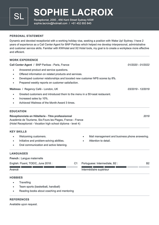 Modèle de CV australien