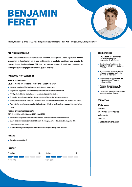 Modèle de CV peintre en bâtiment