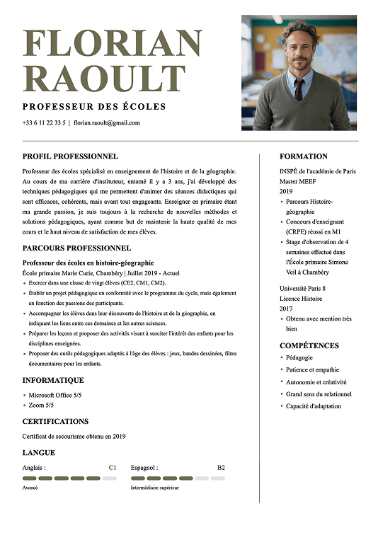 Modèle de CV professeur des écoles